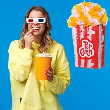 3D Popcorn piñata Carnival Movie Night piñata Red White Popcorn Bags piñata Movie Party Favors with Stick Blindfold Confetti Set for Movie Theme Party Circus Theme, Birthday Party Supply, 16 x 9 inch