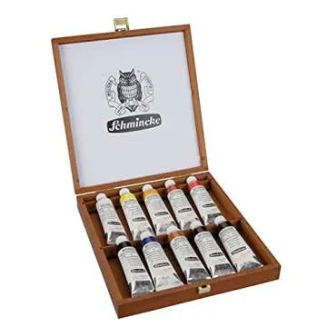 Schmincke - MUSSINI® finest resin oil colors, 10 x 35 ml set, 70 010 097, wooden box walnut-tinted, resin oil color based on recipes of old masters
