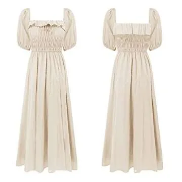 R.Vivimos Women Summer Half Sleeve Cotton Ruffled Vintage Elegant Backless A Line Flowy Long Dresses (Large, Beige-1)