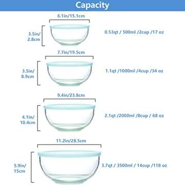 WhiteRhino 8 Piece Glass Bowls with Lids, Heat Resistant Glass Mixing Bowls Set (3.7QT, 2.1QT, 1.1QT...