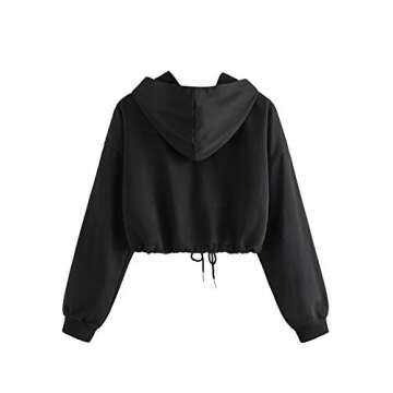SweatyRocks Women's Long Sleeve Full Zip Drawstring Detail Crop Top Hoodie Sweatshirt Jacket Black Medium