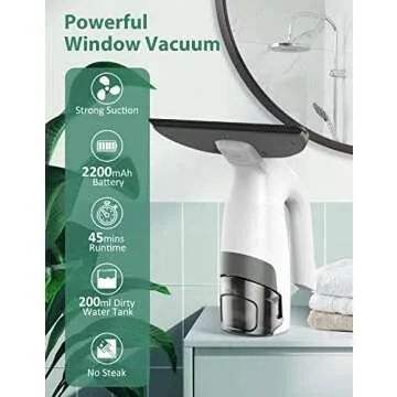 Window Vacuum Cleaner, Clyroom Window Vacuum, Rechargeable Window Vac, Window Squeegee Vacuum with 90Min Runtime, Spray Bottle, 200ml Water Tank, for Window, Tiles, Mirrors, and Any Smooth Surface