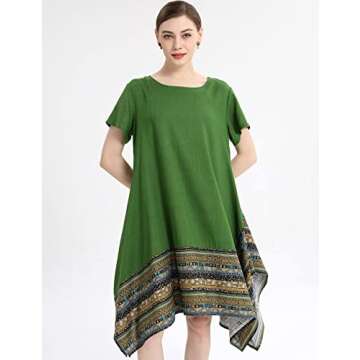 Minibee Women's Ethnic Cotton Linen Short Sleeves Irregular Tunic Dress - Vibrant Green