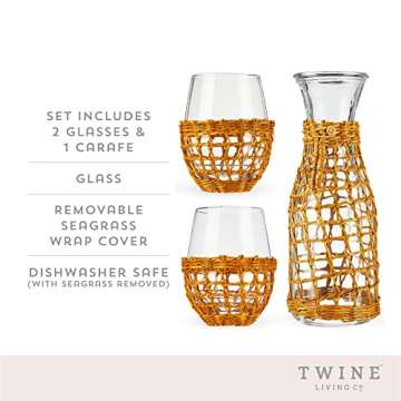 Twine Island Wine Glasses with Carafe, Coastal Decor, Set of 3