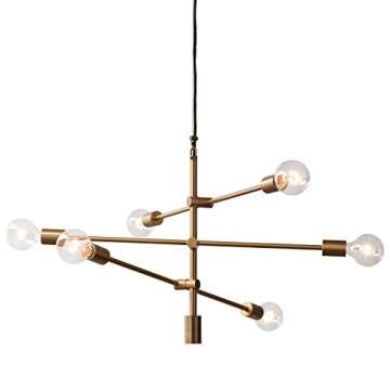 Amazon Brand – Rivet Mid-Century Modern 6-Light Ceiling Pendant Chandelier Fixture, 29.3"W, Adjustable Hanging Height, Brass