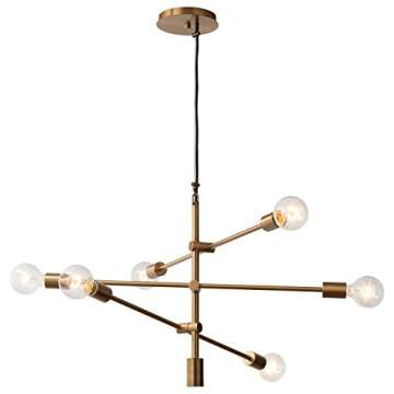Amazon Brand – Rivet Mid-Century Modern 6-Light Ceiling Pendant Chandelier Fixture, 29.3"W, Adjustable Hanging Height, Brass
