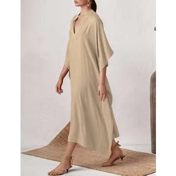 Bsubseach Women Kaftan Dresses Caftan Loungewear Maxi Dress Swimsuit Cover Up Beachwear Apricot