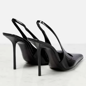 VOLEECE Women's Slingback Stiletto Heels Stretch Strap Slip On Pumps Shoes Pointed Toe Backless Patent Leather Dress High Heels Black