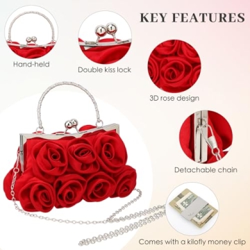 Kilofly 7 Roses Clutch Purse - Stylish Satin Handbag