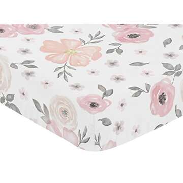 Blush Pink, Grey and White Baby or Toddler Fitted Crib Sheet for Watercolor Floral Collection by Sweet Jojo Designs