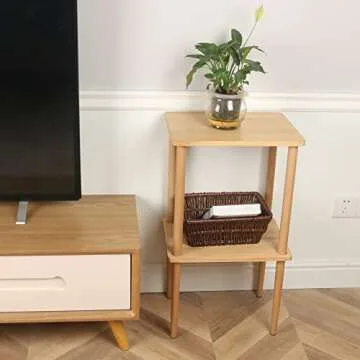 exilot Solid Wood Side Table, 2-Tier Narrow End Table with Storage Shelves for Small Places, Tall Nightstand Bedside Table for Living Room Bedroom Office, No-Tool Assembly.