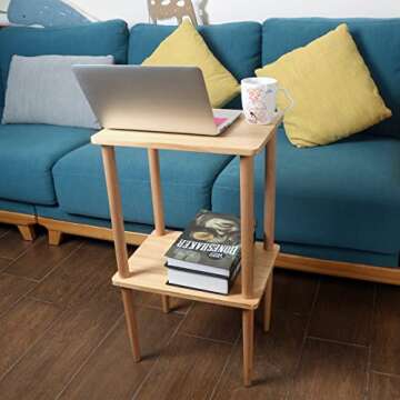 exilot Solid Wood Side Table, 2-Tier Narrow End Table with Storage Shelves for Small Places, Tall Nightstand Bedside Table for Living Room Bedroom Office, No-Tool Assembly.