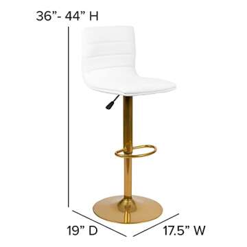 Flash Furniture Vincent Modern Vinyl Height Adjustable Bar Stools, Stylish Counter or Bar Height Swivel Stools with Footrests, Set of 2, White/Gold