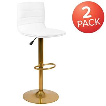 Flash Furniture Vincent Modern Vinyl Height Adjustable Bar Stools, Stylish Counter or Bar Height Swivel Stools with Footrests, Set of 2, White/Gold