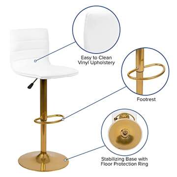 Flash Furniture Vincent Modern Vinyl Height Adjustable Bar Stools, Stylish Counter or Bar Height Swivel Stools with Footrests, Set of 2, White/Gold