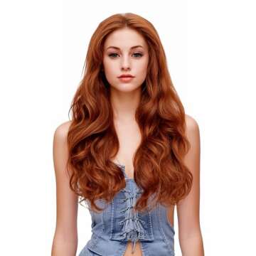Rugelyss Fashion Glueless Auburn Copper Red 24Inch Long Natural Wavy Free Part Small Area Lace Front Wigs Heat Resistant Synthetic Hair Wig for Women (Copper Red)