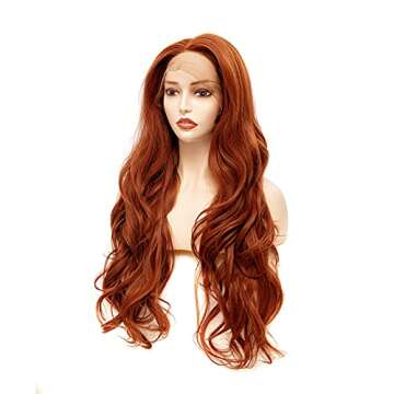Rugelyss Fashion Glueless Auburn Copper Red 24Inch Long Natural Wavy Free Part Small Area Lace Front Wigs Heat Resistant Synthetic Hair Wig for Women (Copper Red)