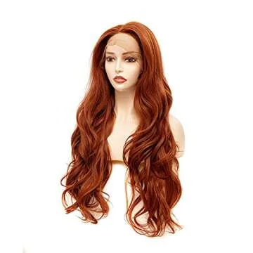 Rugelyss Fashion Glueless Auburn Copper Red 24Inch Long Natural Wavy Free Part Small Area Lace Front Wigs Heat Resistant Synthetic Hair Wig for Women (Copper Red)