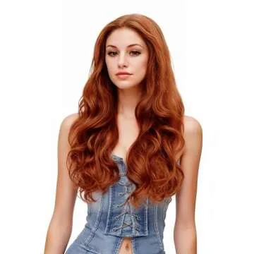 Rugelyss Fashion Glueless Auburn Copper Red 24Inch Long Natural Wavy Free Part Small Area Lace Front Wigs Heat Resistant Synthetic Hair Wig for Women (Copper Red)