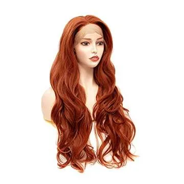 Rugelyss Fashion Glueless Auburn Copper Red 24Inch Long Natural Wavy Free Part Small Area Lace Front Wigs Heat Resistant Synthetic Hair Wig for Women (Copper Red)