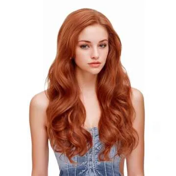 Rugelyss Fashion Glueless Auburn Copper Red 24Inch Long Natural Wavy Free Part Small Area Lace Front Wigs Heat Resistant Synthetic Hair Wig for Women (Copper Red)