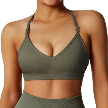 RUUHEE Women Workout Sports Bra Backless Criss Cross Halter Padded Low Impact Yoga Crop Bras(Medium,Army Green-4)