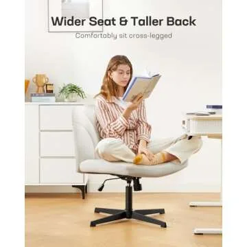 Marsail Cross Legged Office Chair: PU Leather Criss Cross Desk Chair Wide Armless Desk Chair Swivel Height Adjustable Vanity Chair for Make Up,Small Space,Bed Room(Beige)