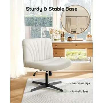Marsail Cross Legged Office Chair: PU Leather Criss Cross Desk Chair Wide Armless Desk Chair Swivel Height Adjustable Vanity Chair for Make Up,Small Space,Bed Room(Beige)