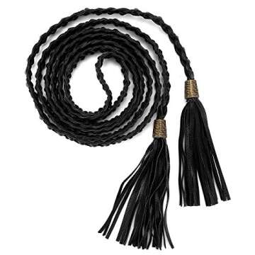 CHIC DIARY Women's Tassel Braided Rope Belt PU Leather Waist Belt Thin Woven Boho Waistband For Dres...