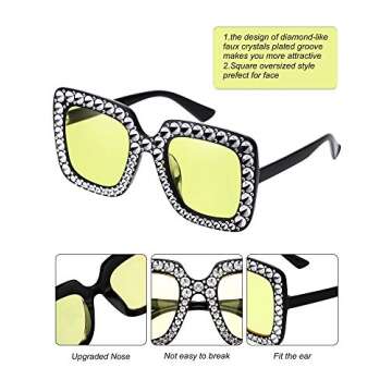 Frienda 6 Pairs Crystal Oversized Square Sunglasses Diamond Glitter Sunglasses Retro Thick Frame Sunglasses(Black, Tawny, Purple, Watermelon Red, Yellow, Silver)