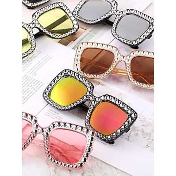 Frienda 6 Pairs Crystal Oversized Square Sunglasses Diamond Glitter Sunglasses Retro Thick Frame Sunglasses(Black, Tawny, Purple, Watermelon Red, Yellow, Silver)