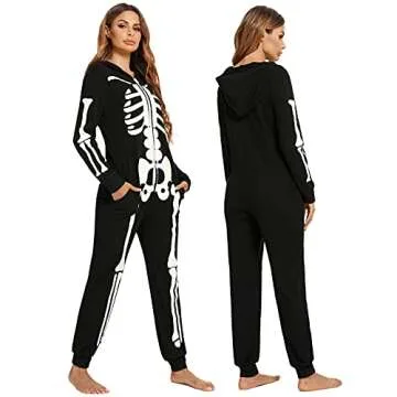 Veseacky Novelty Adult Glow in The Dark Skeleton Zipper Jumpsuit Pajamas for Family Long Sleeve Rompers Hooded with Pockets XX-Large