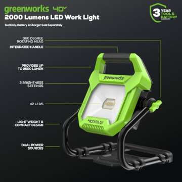 Greenworks 40V (AC/DC) 2000-Lumen LED Work Light, 360° Head Rotation, Tripod Mountable, Portable, I...