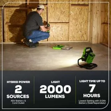 Greenworks 40V (AC/DC) 2000-Lumen LED Work Light, 360° Head Rotation, Tripod Mountable, Portable, Indoor/Outdoor Light, Flood Light, Tool-Only