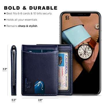 SERMAN BRANDS RFID Blocking Slim Bifold Genuine Leather Minimalist Front Pocket Wallets for Men with Money Clip Thin Gift (Atlantic Blue 1.S)