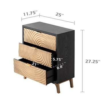 COZAYH 3-Drawer Farmhouse Dresser Set of 2 with Handcrafted Wood Ring Motif, Black Nightstand for Bedroom, Fully-Assembled, Rustic Morden