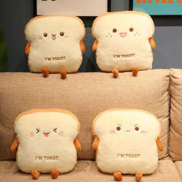 OUKEYI Sliced Bread Plush Pillow,Funny Toast Bread Stuffed Pillow,Adorable Expression Food Plush Nap Pillow with Hand Pocket Seat Cushion Great Gift Choice for Kids Adults (13.7 * 15.7)