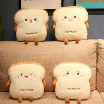 OUKEYI Sliced Bread Plush Pillow,Funny Toast Bread Stuffed Pillow,Adorable Expression Food Plush Nap Pillow with Hand Pocket Seat Cushion Great Gift Choice for Kids Adults (13.7 * 15.7)