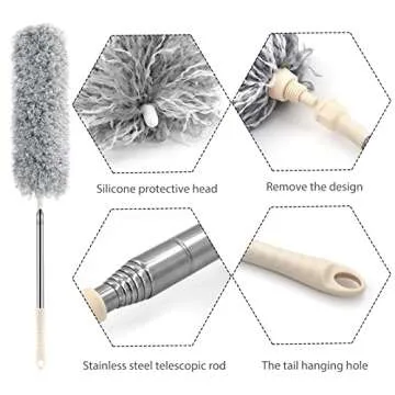 BLUEELF Microfiber Feather Dusters for Cleaning Tools with Extension Pole（Stainless Steel）,100’’ Extra Long Duster Ceiling Fan, Gap, Blinds, Furniture, Cars