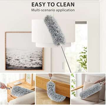 BLUEELF Microfiber Feather Dusters for Cleaning Tools with Extension Pole（Stainless Steel）,100’’ Extra Long Duster Ceiling Fan, Gap, Blinds, Furniture, Cars