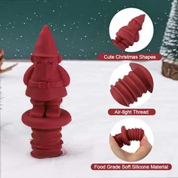 Silicone Wine Stopper, Bottle Stopper with Christmas Design, Wine Accessories, Keeps Wine Fresh, Wine Gifts, Set of 4