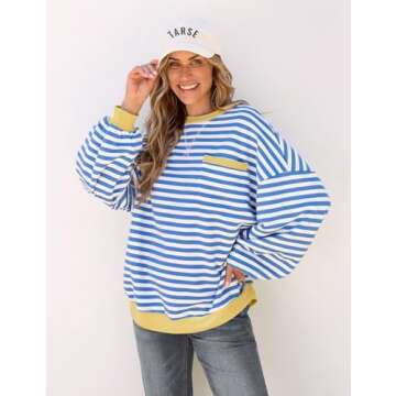 TARSE Trendy Summer Sweatshirt for Women Lightweight Blue and White Striped Crewneck Cozy