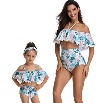 PURFEEL Mother and Daughter Matching Swimsuit Girls Swimwear Womens High Waist Bathingsuit Tassels Leaves Medium/Adult