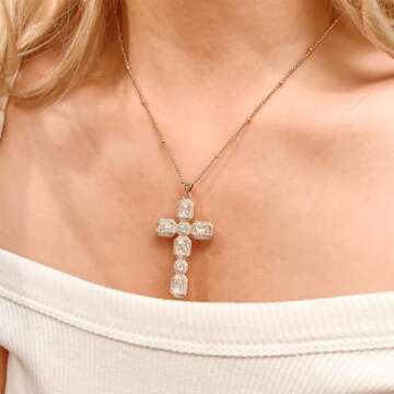 Cross Necklace for Women Diamond Cross Pendant Necklace Cubic Zirconia Crystal Birthstone Cross Necklace Religious Gifts for Women Style2 White