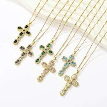 Cross Necklace for Women Diamond Cross Pendant Necklace Cubic Zirconia Crystal Birthstone Cross Necklace Religious Gifts for Women Style2 White