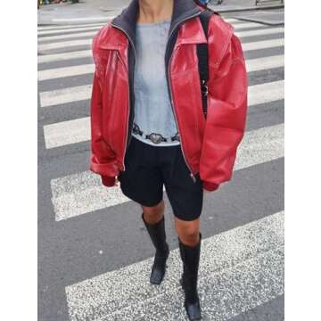 Gihuo Women's Oversized Faux Leather Jacket Fashion Zip Up Motorcycle Jackets Moto Biker Coat Fall Winter Outfits(Wine-S)