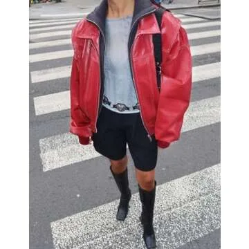 Gihuo Women's Oversized Faux Leather Jacket Fashion Zip Up Motorcycle Jackets Moto Biker Coat Fall Winter Outfits(Wine-S)