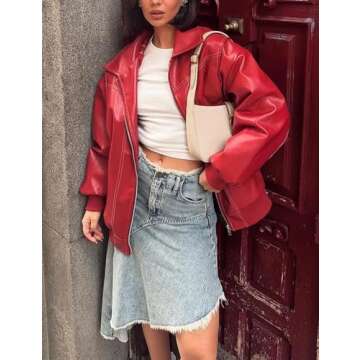 Gihuo Women's Oversized Faux Leather Jacket Fashion Zip Up Motorcycle Jackets Moto Biker Coat Fall Winter Outfits(Wine-S)