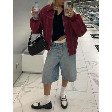 Gihuo Women's Oversized Faux Leather Jacket Fashion Zip Up Motorcycle Jackets Moto Biker Coat Fall Winter Outfits(Wine-S)