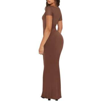 REORIA Women's 2024 Summer Sexy Scoop Neck Lounge Slimming Long Dress Elegant Wedding Guest Short Sleeve Ribbed Bodycon Maxi Dresses Coffee X-Small